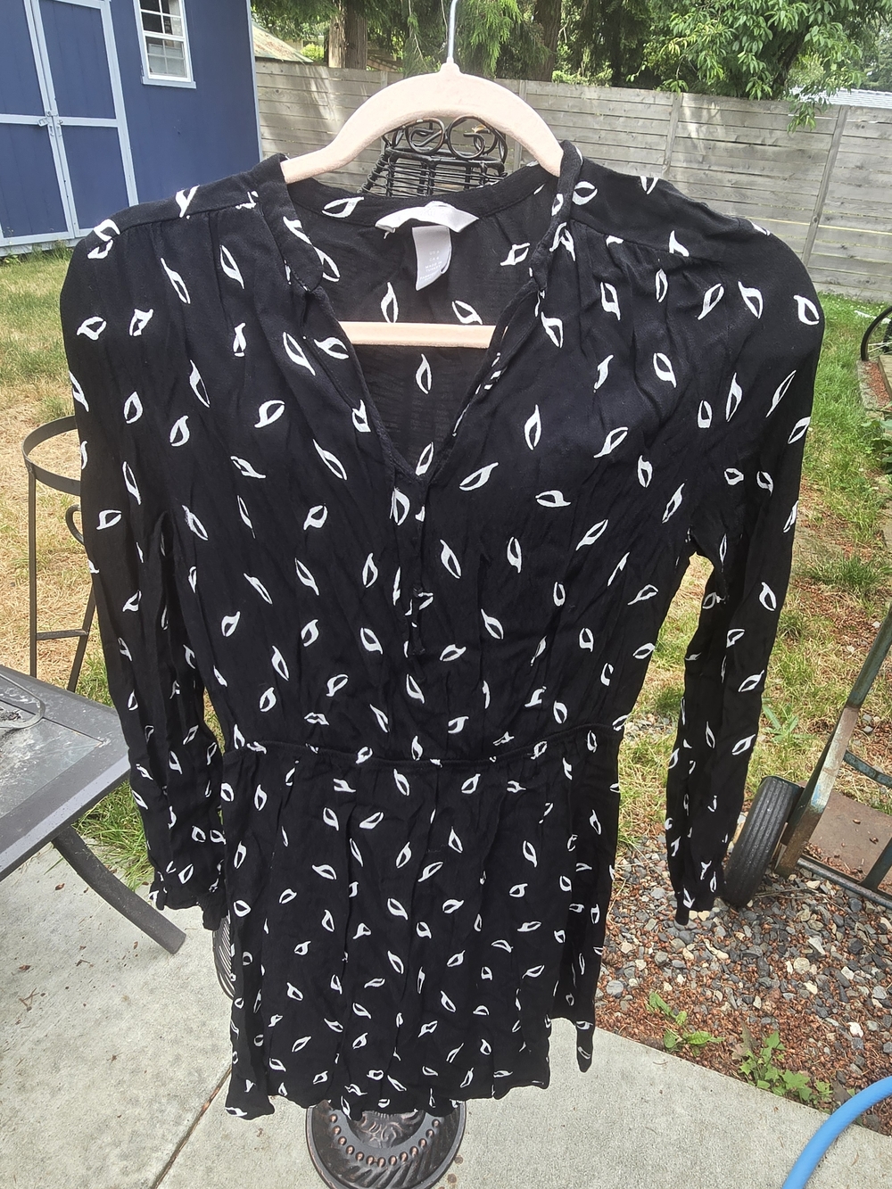 H&M Black Long-Sleeve Mini Dress with White Leaf Print